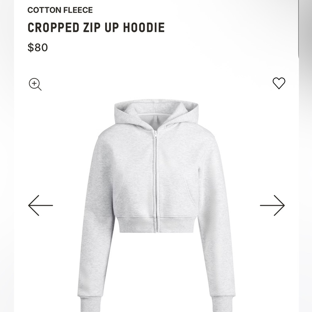 Skims Light Heather Grey Cotton Fleece Cropped Zip-Up Hoodie NWT Size Medium